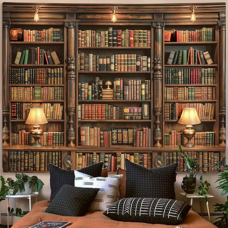 Interior de uma biblioteca antiga com livros clássicos ingleses