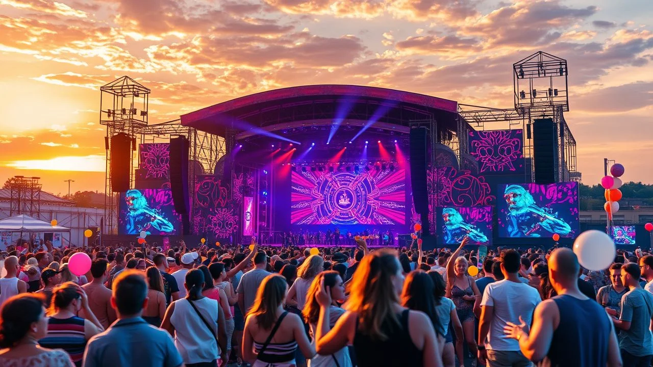 Festival de música com público e palco iluminado no Reino Unido